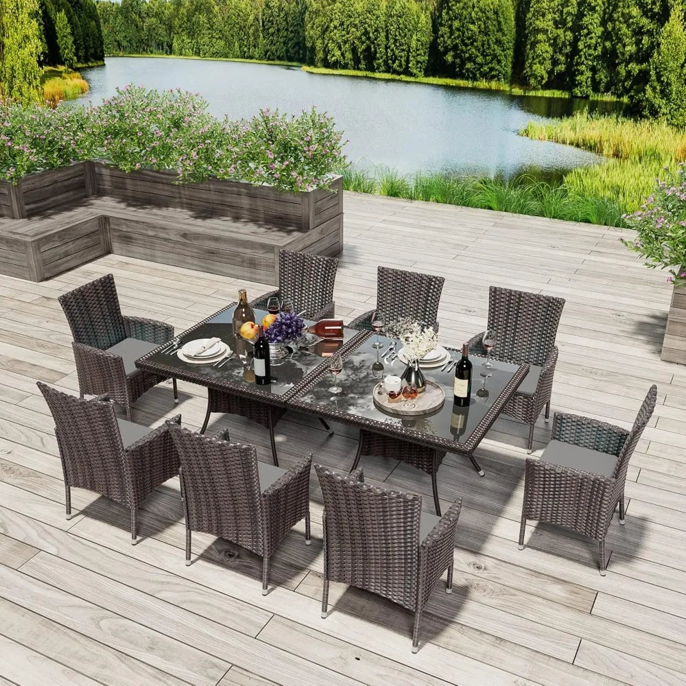 10 Pieces Patio Dining Set, with 2 Square Glass Tabletops 8 Chairs with Grey Cushions, Outdoor Rattan Furniture Dinning Set