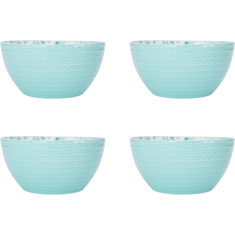 Aqua/White -16-Piece Stoneware Dinnerware Set, Service for 4, Dishwasher and Microwave Safe,