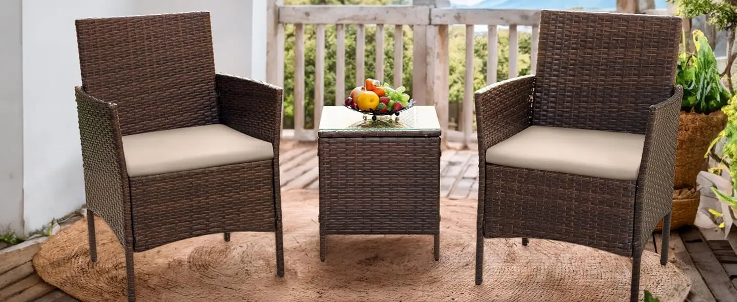 3 Pieces All-Weather Rattan Outdoor Furniture Patio Chairs with Tempered Glass Table