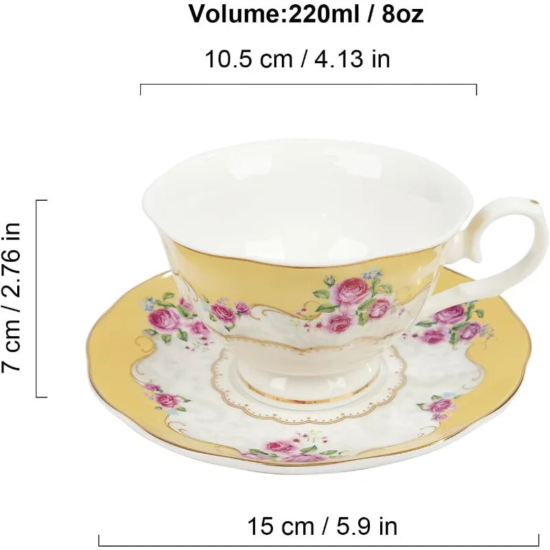 Set of 6, Colorful Floral Porcelain Coffee Cup with Saucer