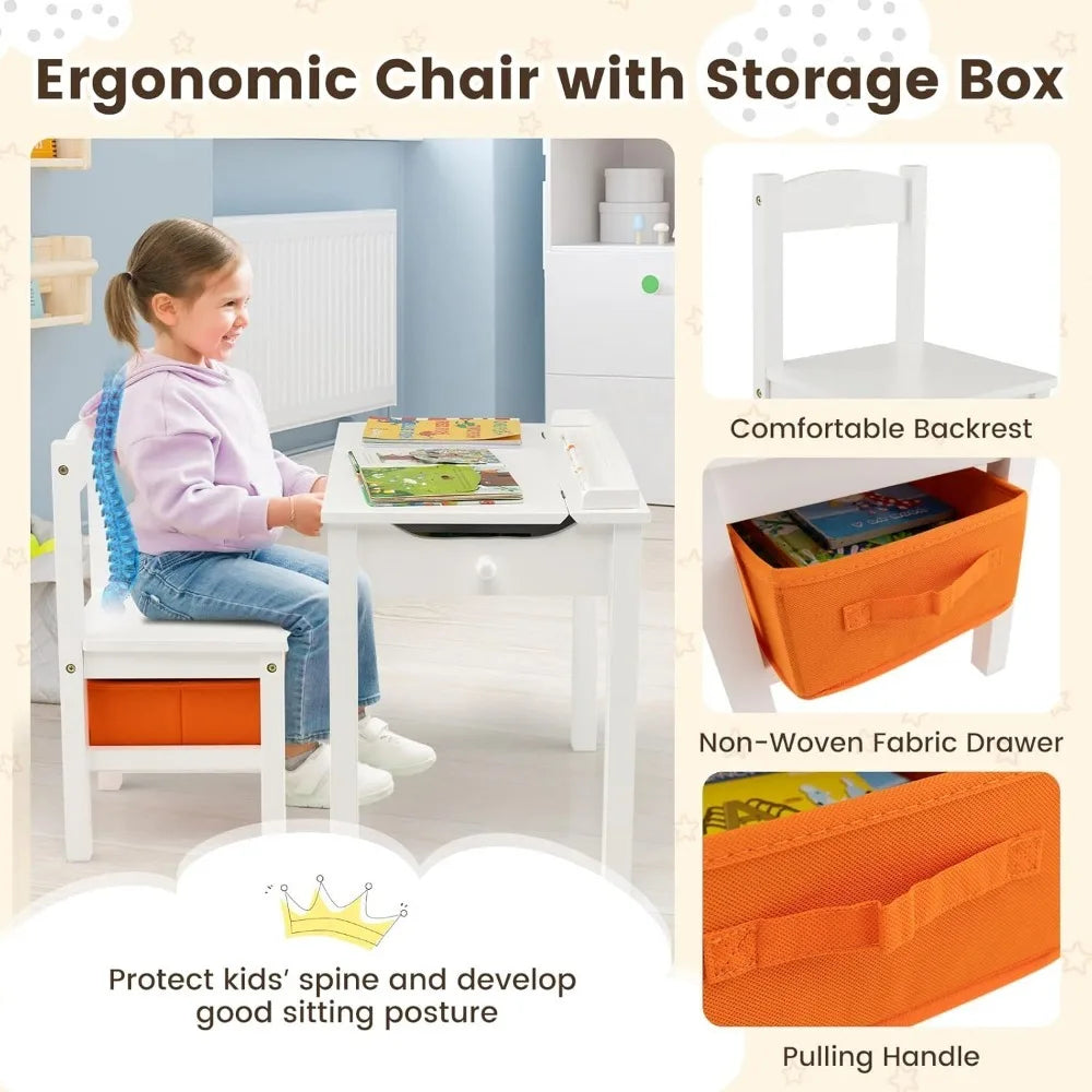 Kid's Wooden Lift-Top Desk & Chair Activity Table Set with Storage, Paper Roll Holder & Pen Slot