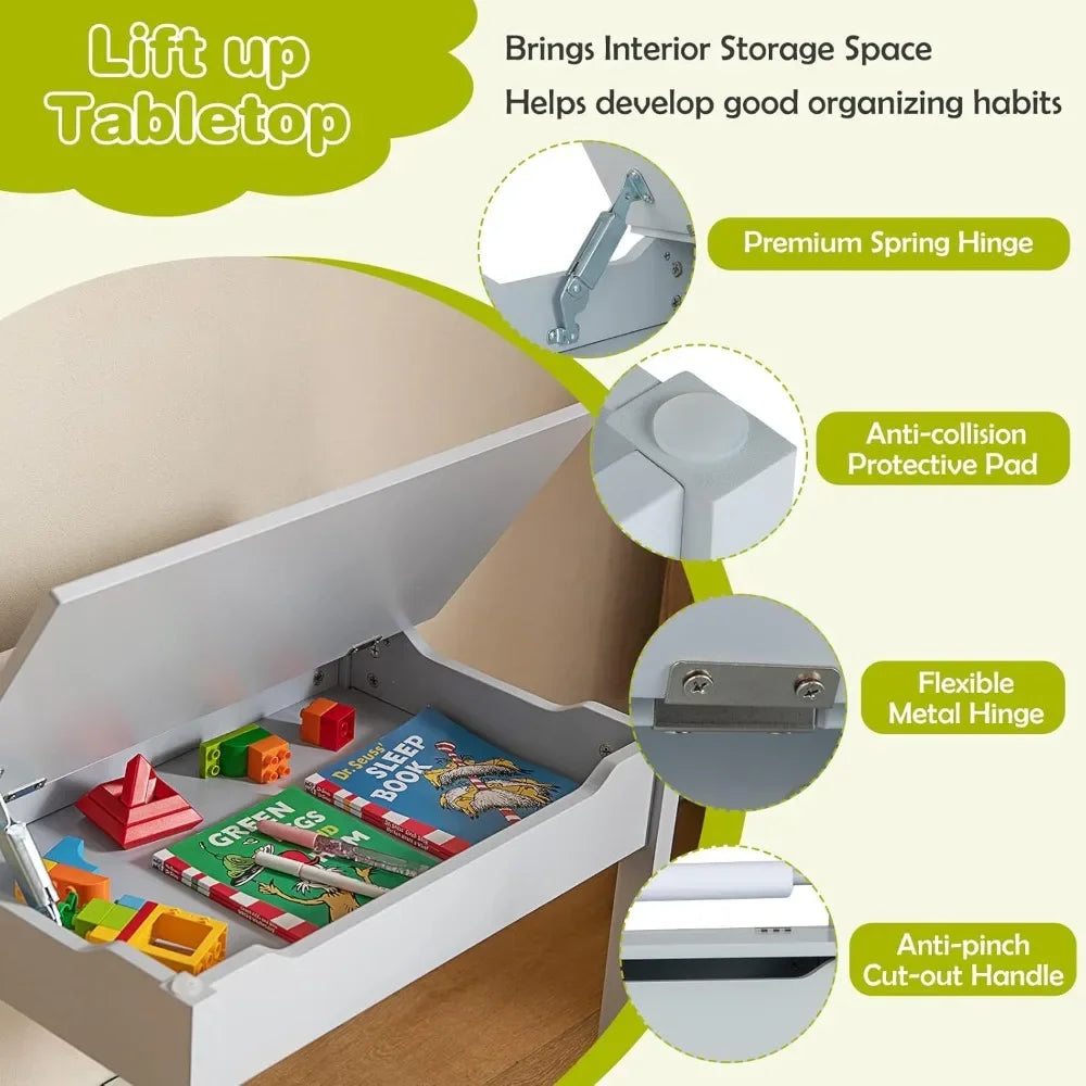 Kid's Wooden Lift-Top Desk & Chair Activity Table Set with Storage, Paper Roll Holder & Pen Slot