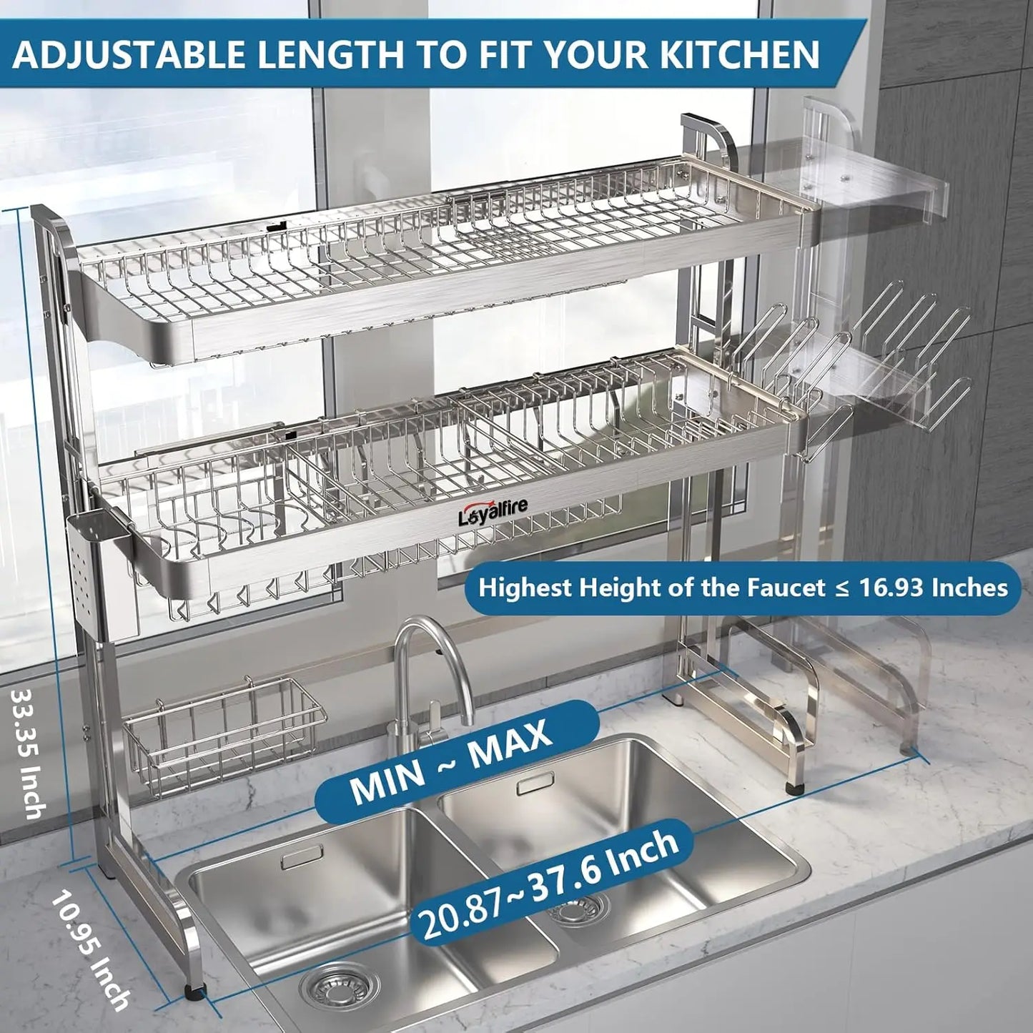 3 Tier Adjustable Length (20.87'' to 37.6'') Full Stainless Steel Large Storage Kitchen Dish Rack