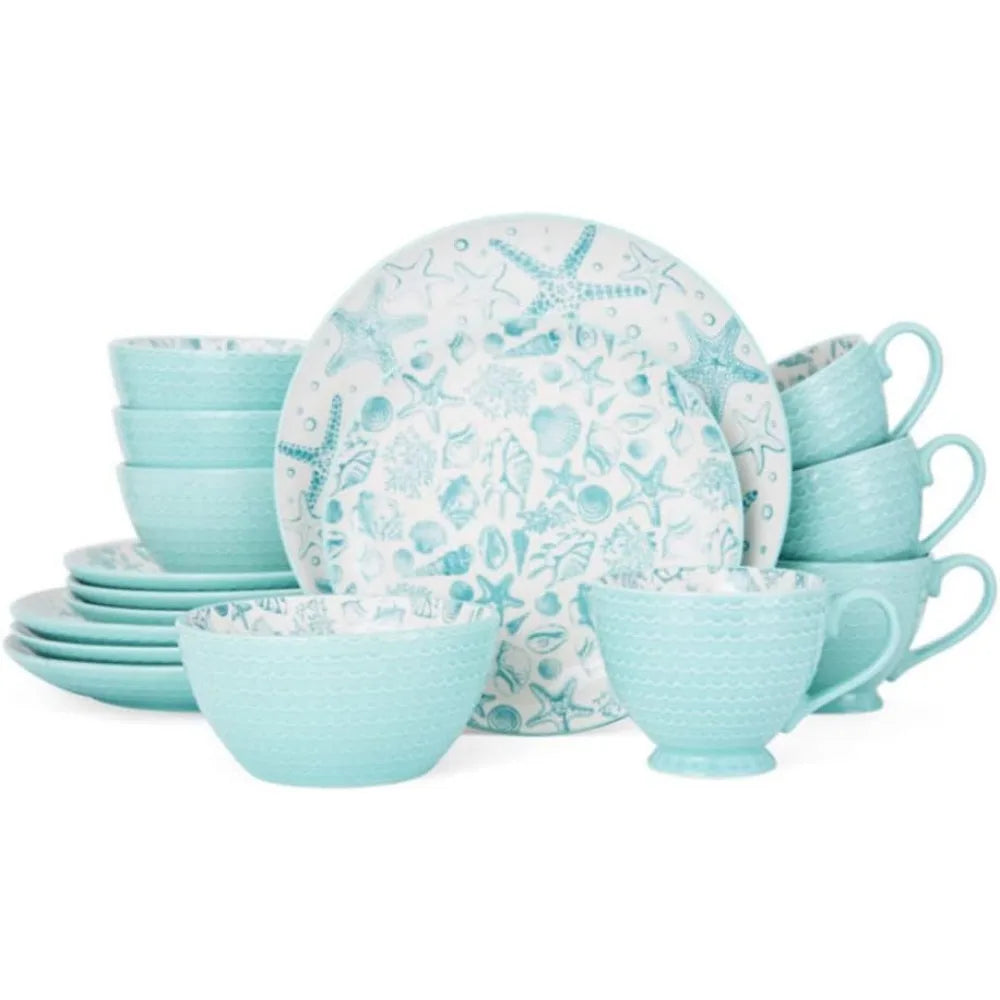 16-Piece Stoneware Dinnerware Set, Service for 4, Aqua/White