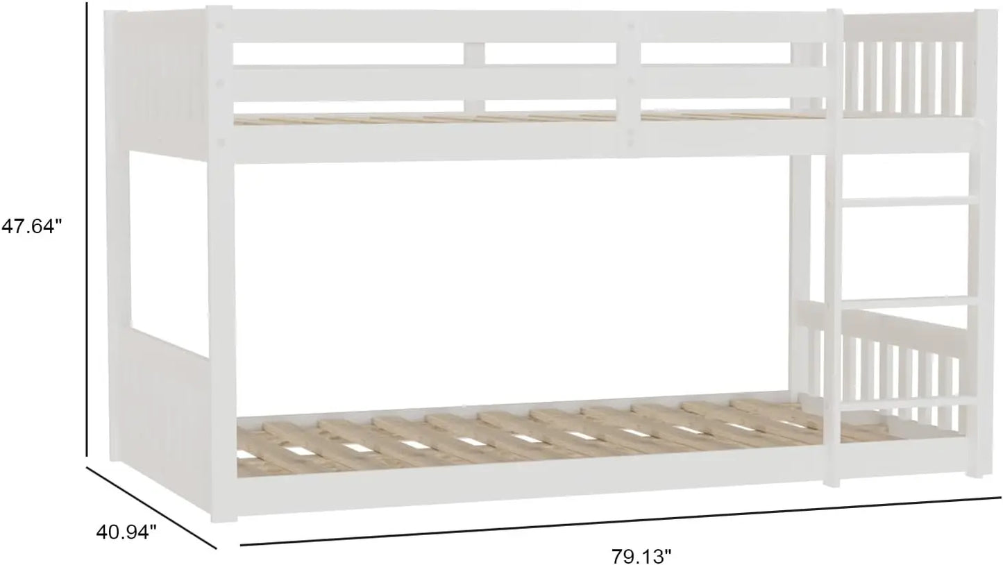 Twin Over Twin Solid Wood Bunk Bed Frame with Ladder and Guard Rail Space