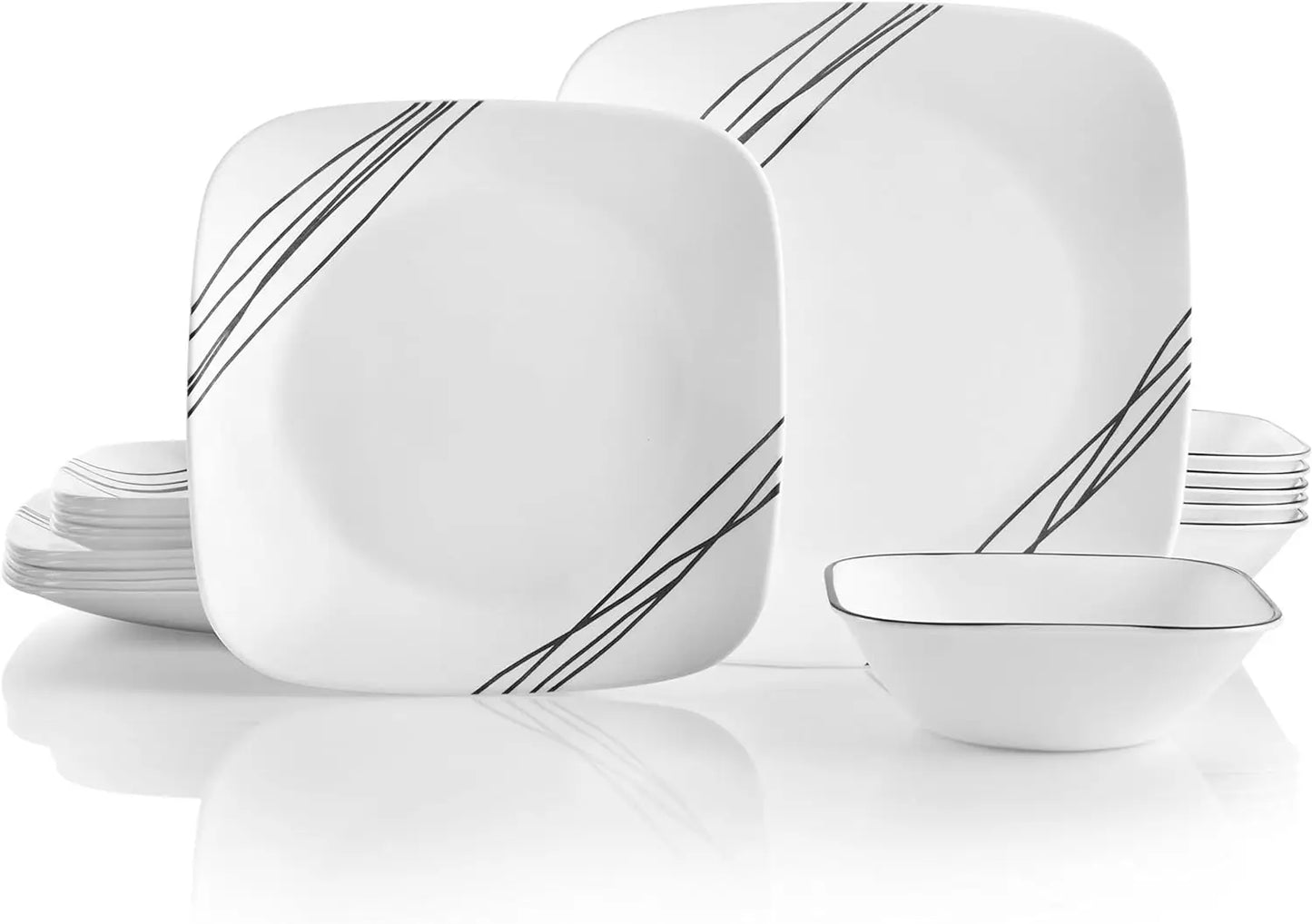 Vitrelle 18-Piece Service for 6 Dinnerware Set, Triple Layer Glass and Chip Resistant, Lightweight Square Plates and Bowls Set