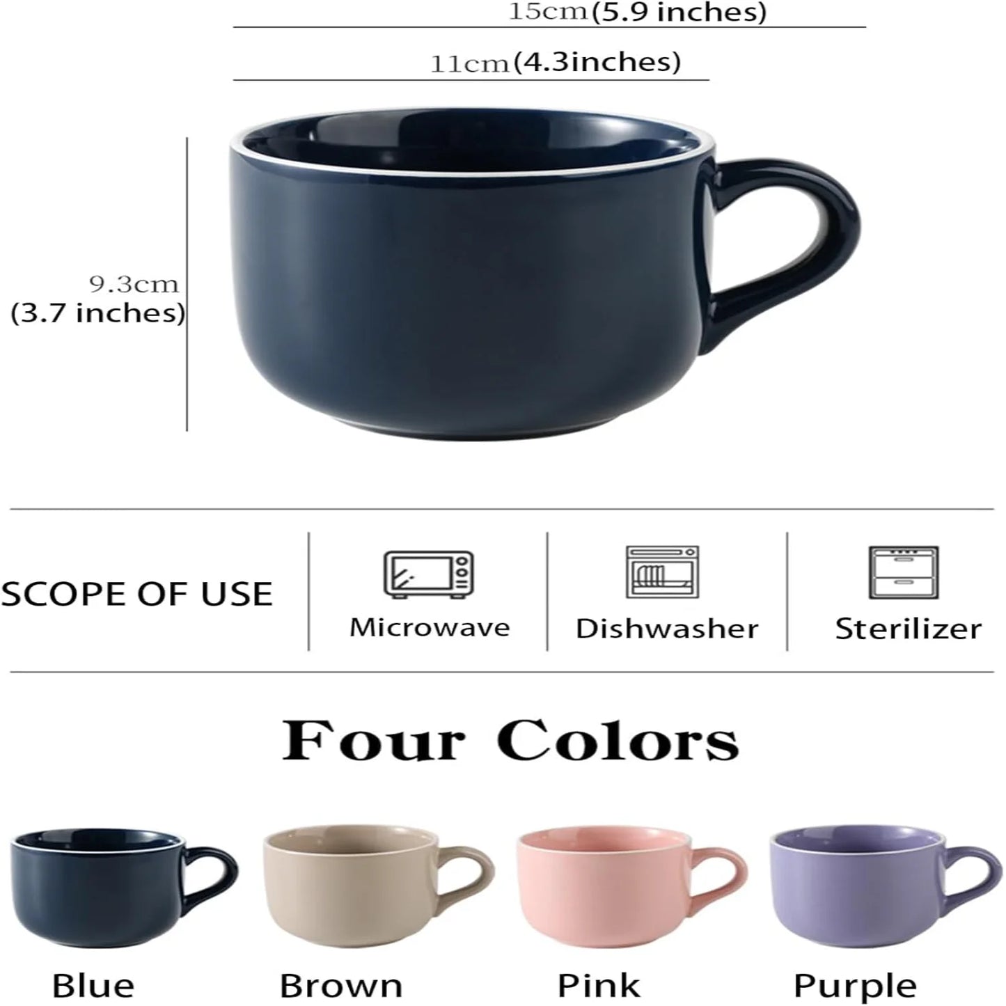 Extra Large Porcelain 23 Oz Mug, Breakfast Cup and Soup Bowl with Handle