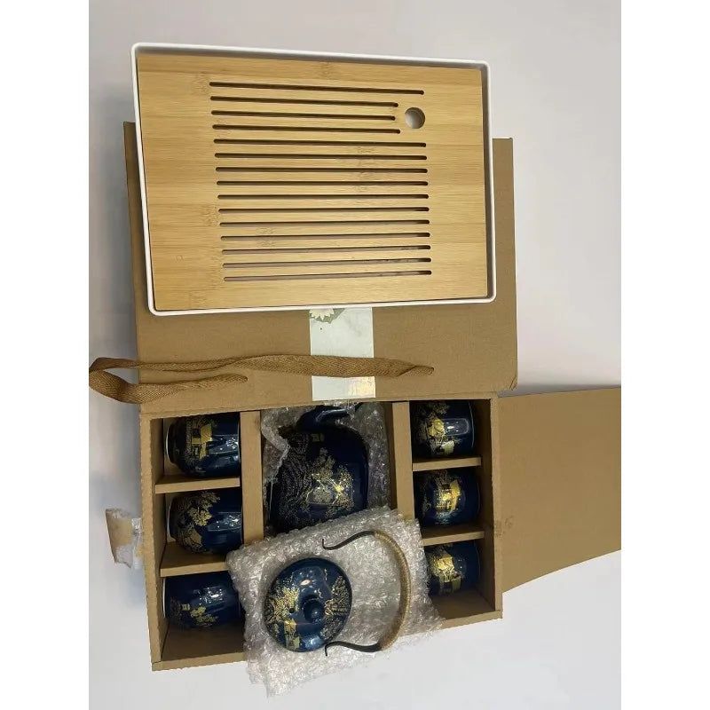 Glazed Tea Set in Gift Box with 1 Teapot, 1  Strainer, 1  Tray and 6  Cups