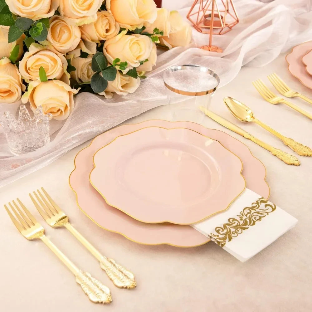 175PCS Pink Pink Plates with Gold Disposable Silverware - Include 50 Plates,25 Knives,25 Forks,25 Spoons,25 Cups and 25 Napkins