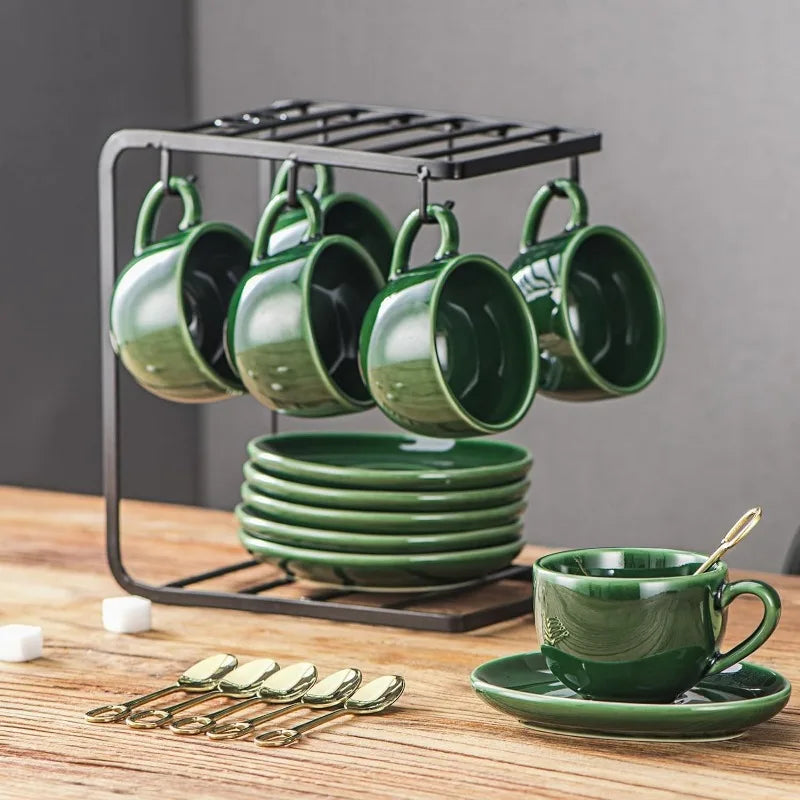 Ceramic Espresso Coffee Cups - 4 oz Porcelain Espresso Cups Set with Saucers Spoons and Metal Stand