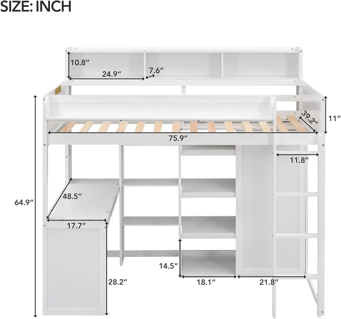 Solid Wood High Loft Bed Frame with Desk & Wardrobe