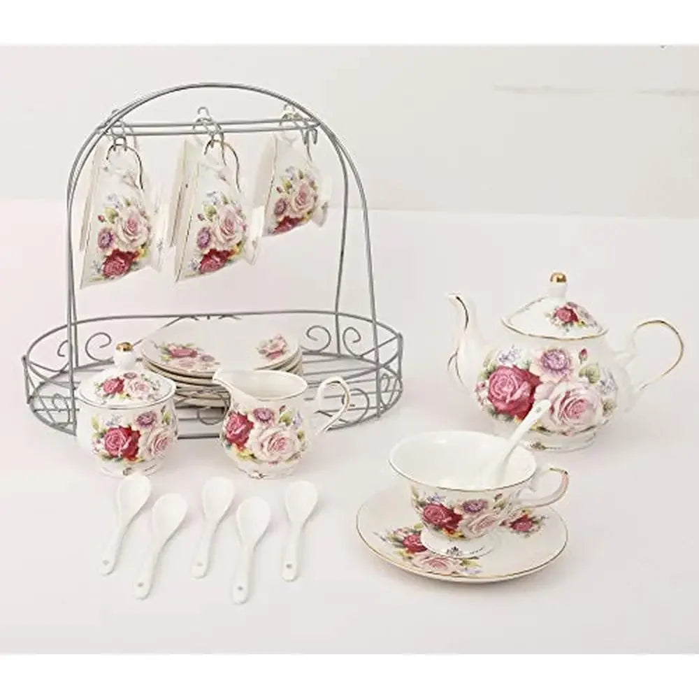 Colorful Rose European Ceramic Tea Set with Metal Holder, 15 Pieces