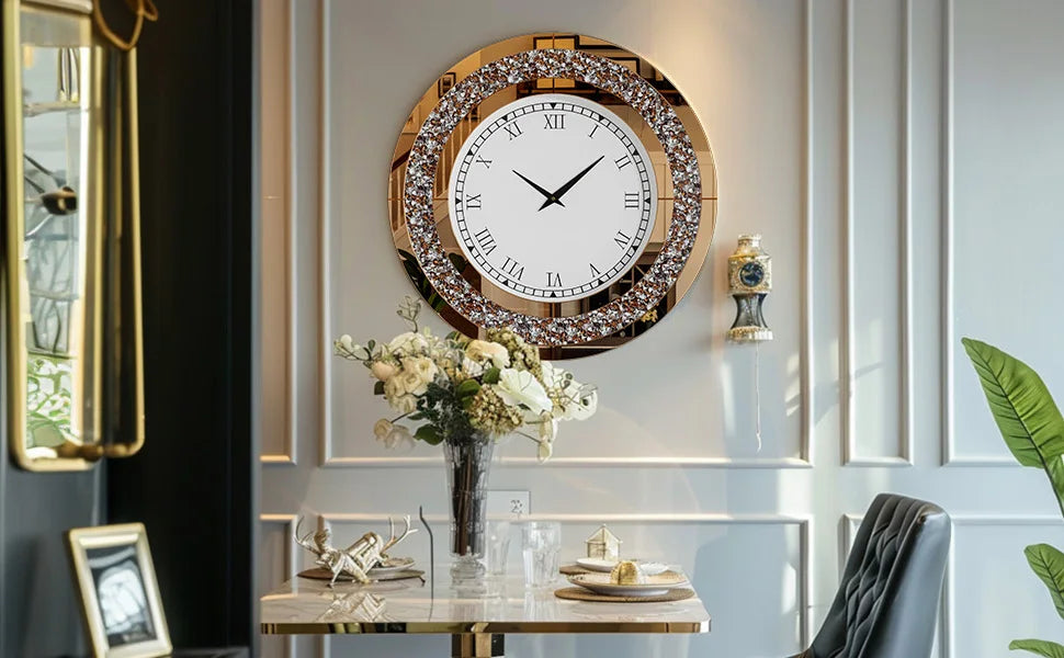 24inch Crystal Sparkle Crush Diamond Large Mirrored Wall Clock