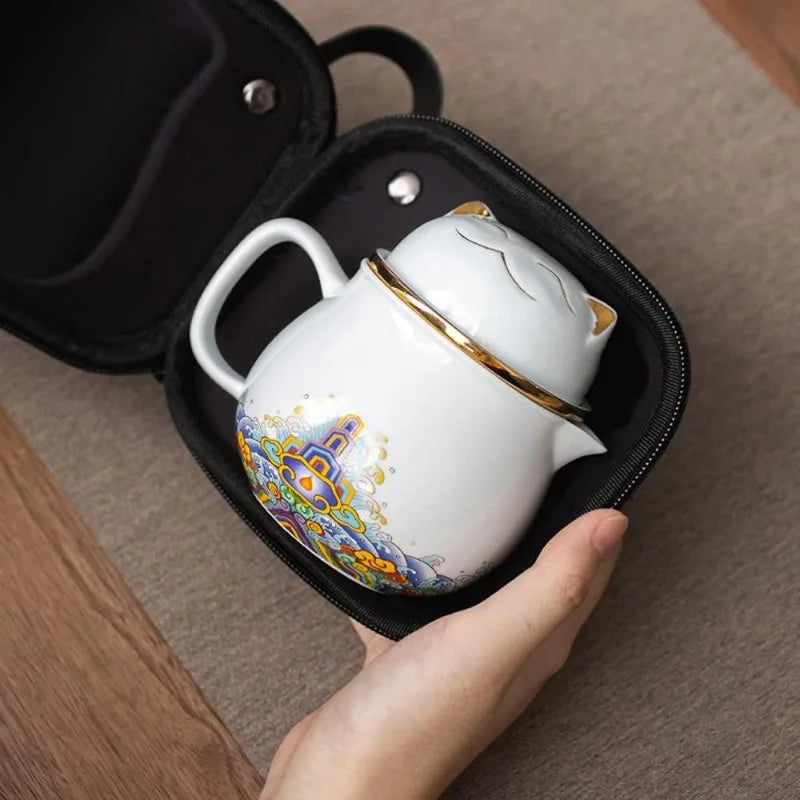 Lucky Cat Porcelain Teapot Set with Handle - Blue, White