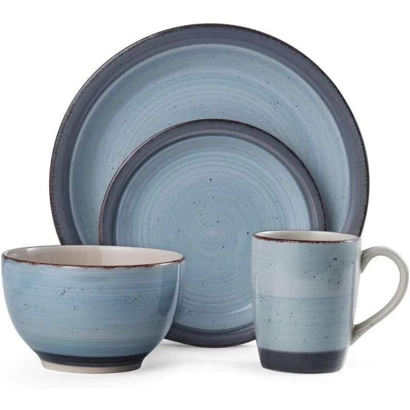 16 piece Sadie Dinnerware Set for 4, Dishwasher and Microwave Safe, Cream, Blue