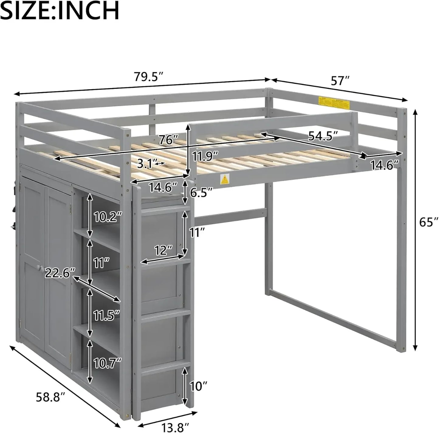 Full Size Loft Bed Frame with Wardrobe and Desk