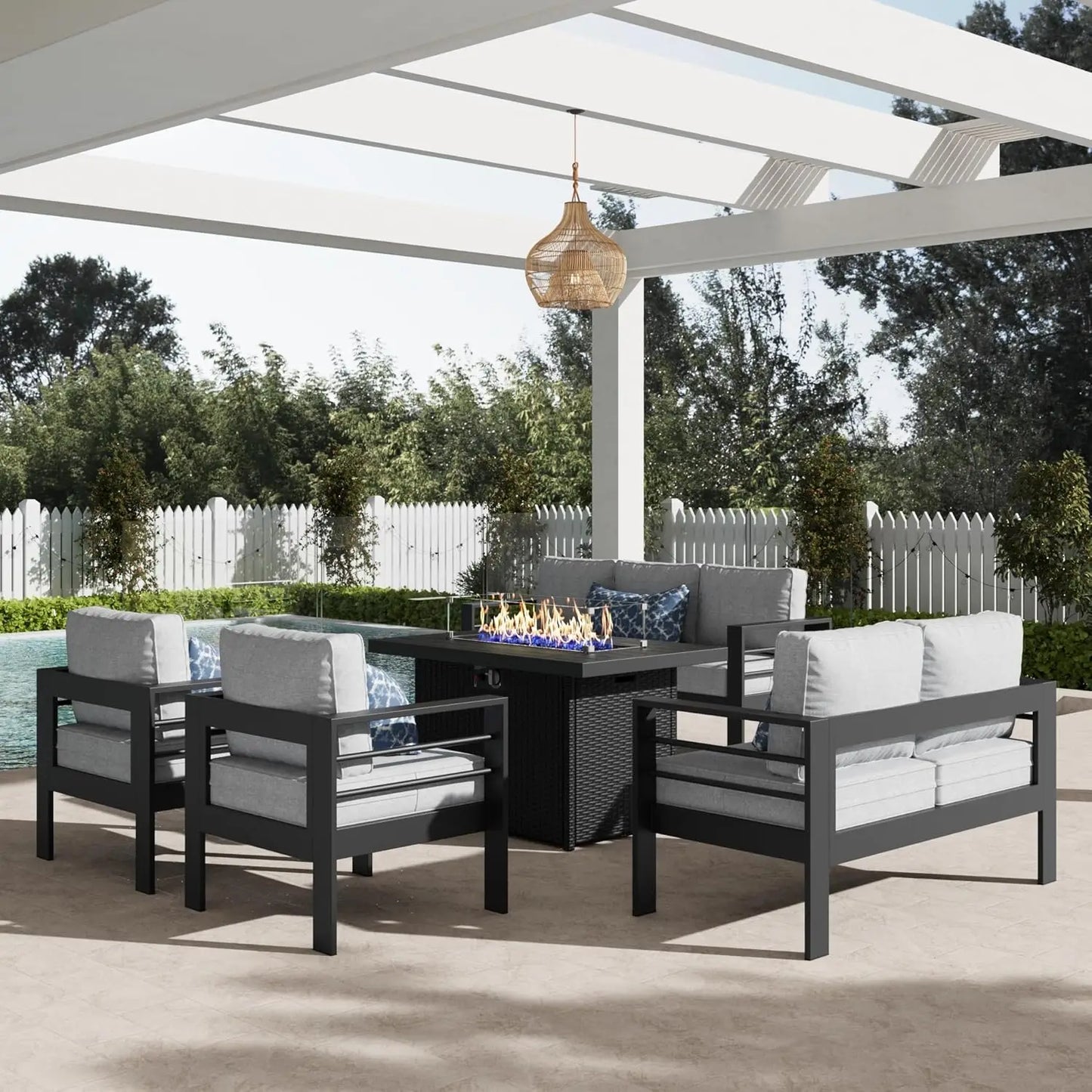 5 Piece Aluminum Furniture Set with Fire Pit Table