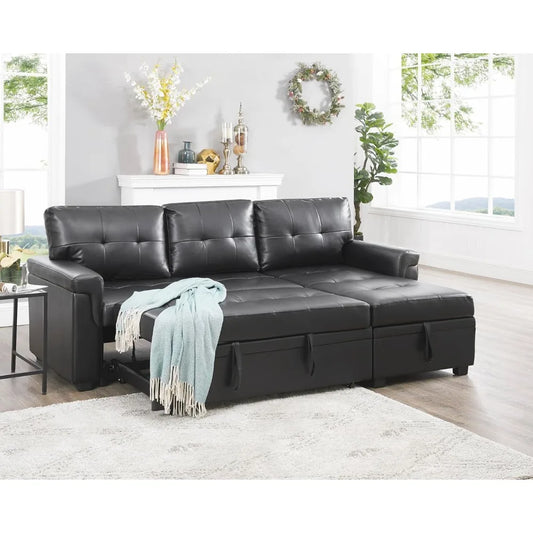 Jenny Leather Sectional Sofa Sleeper with Storage Chaise, Black