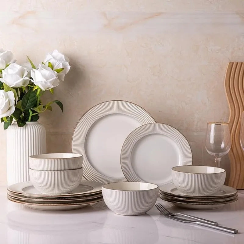 Embossed Elegant Stoneware Plates and Bowls Sets