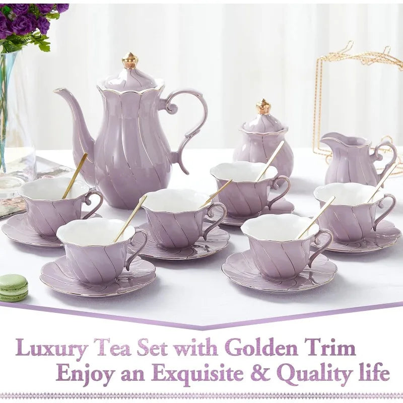 22 pcs Porcelain Tea Set for 6, Luxury British Style Tea/Coffee Cup Set with Golden Trim