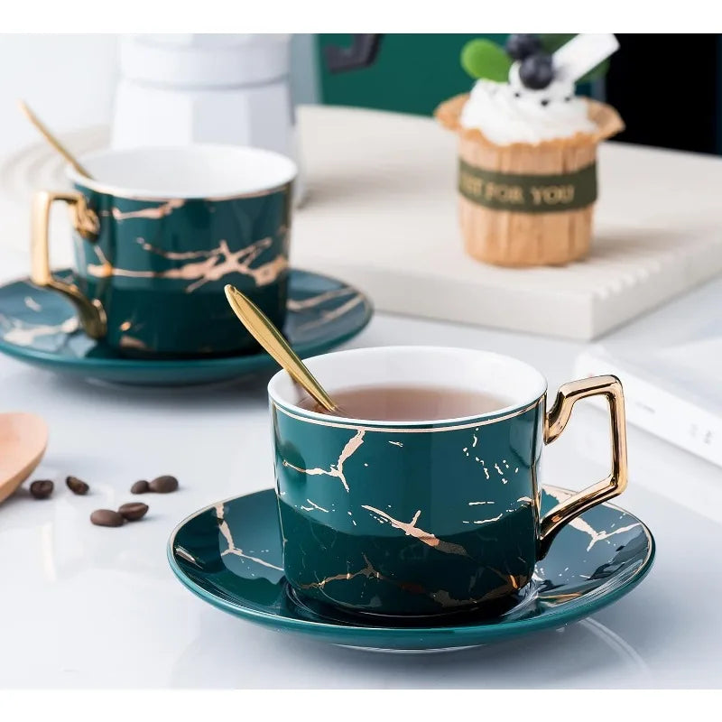 Set of 4- Hand Printed Golden Matte Ceramic Marble Coffee/Tea Cups with Spoons and Cup Holder