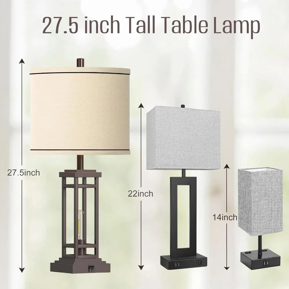 27.5 Tall Farmhouse Table Lamps with USB C + USB A Charge Ports, Set of 2