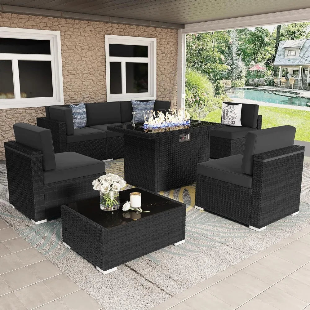 8 Pieces Outdoor Patio Furniture Set with 44" Propane Gas Fire Pit Table