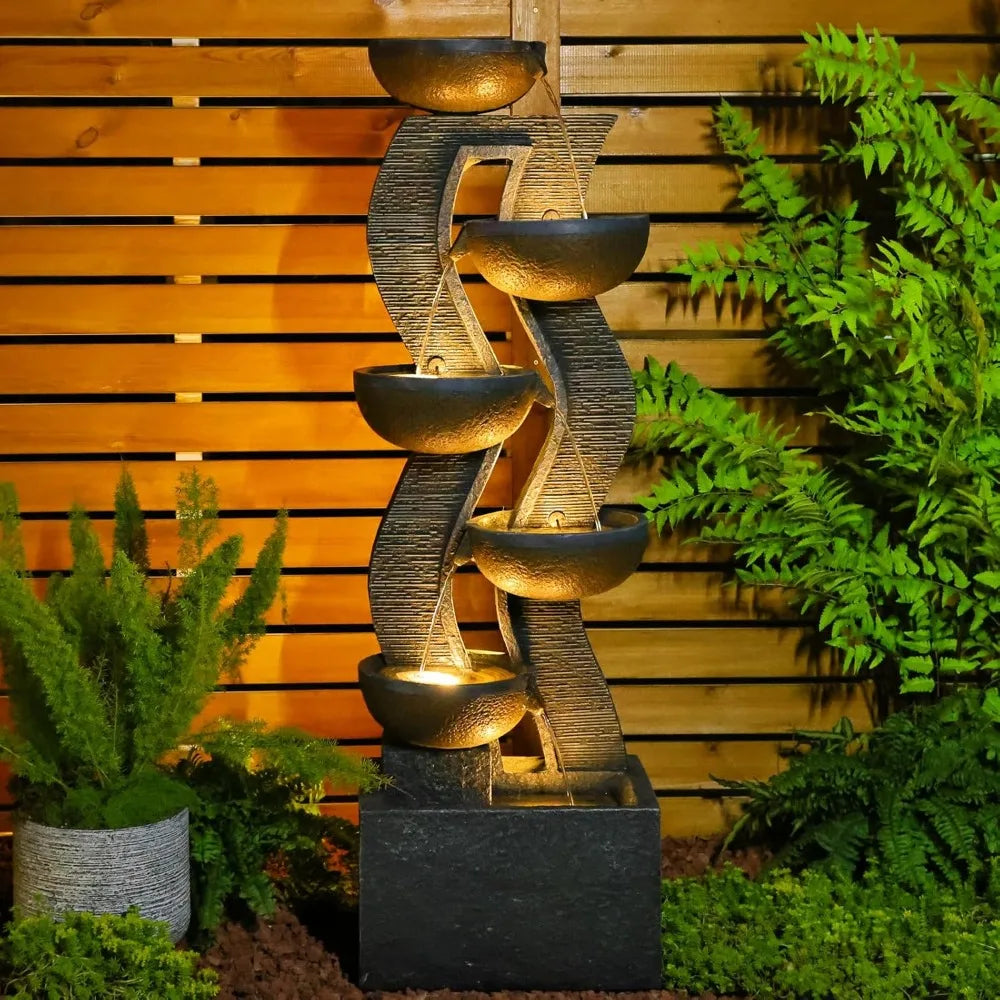 Large Outdoor Garden Fountain with Illuminated Waterfall