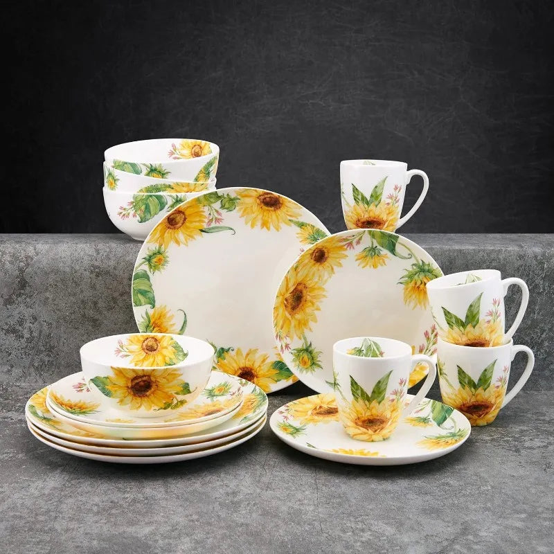 16 Piece Sunflower Lightweight Chip Resistant Bone China Dinnerware Set, Service for 4