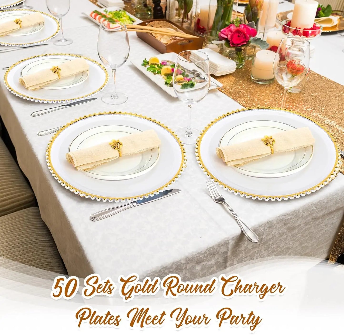 50 piece Clear 13 Inch Plastic Beaded Charger Plates - Gold Trim or Silver Trim options