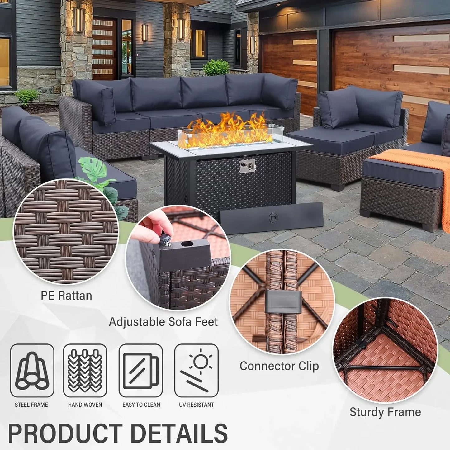 11 piece Rattan Sectional Sofa Conversation Set with Fire Pit Table