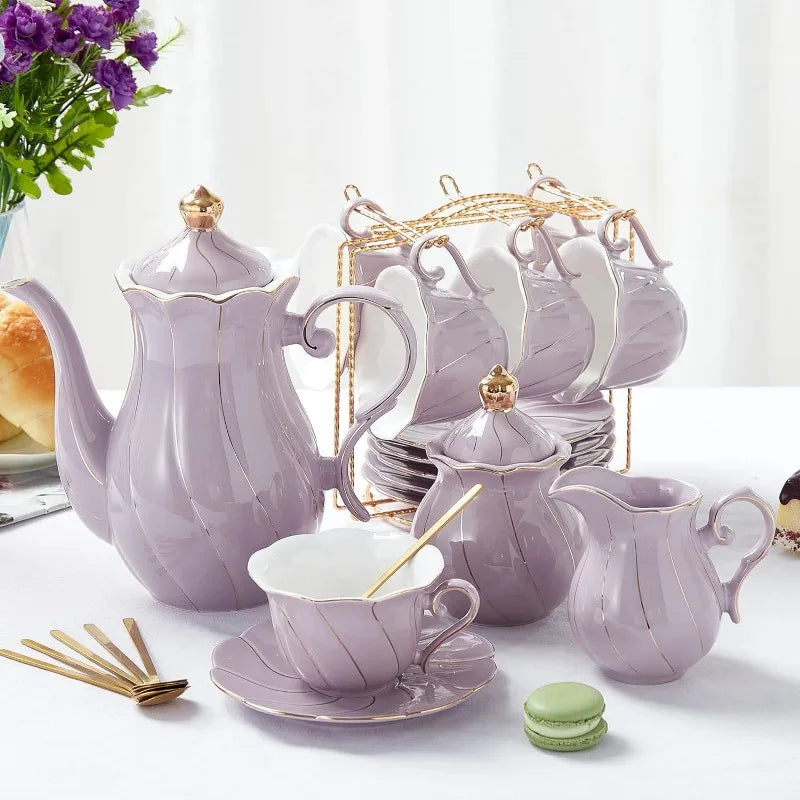 22 pcs Porcelain Tea Set for 6, Luxury British Style Tea/Coffee Cup Set with Golden Trim