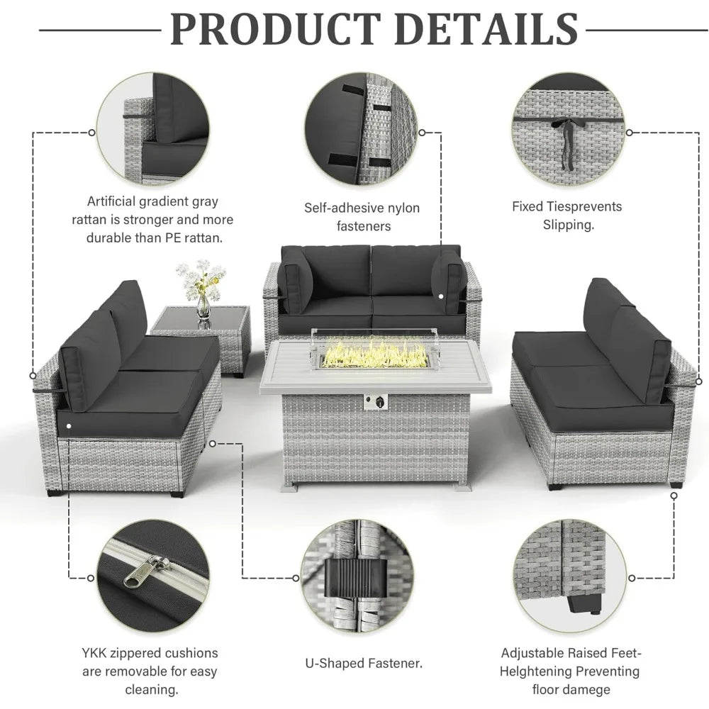 8 Piece Wicker Patio Furniture Set Includes 4 Center Sofas, 2 Corner Sofas, 1 Gas Fireplace Table, And A Tempered Glass Coffee Table