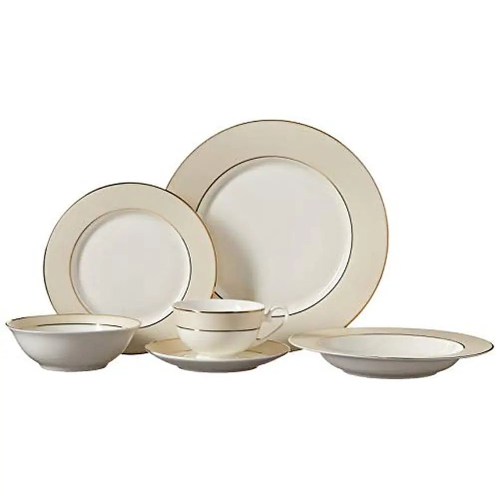 Elegant 57-Piece 24K Gold Trim Beige Border Bone China Dinnerware Set