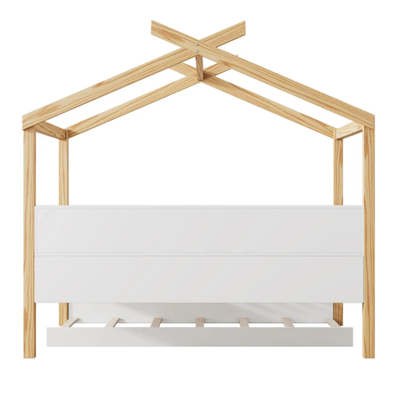 Wooden House Bed Frame for Kids with Ample Storage Options, Roof Design