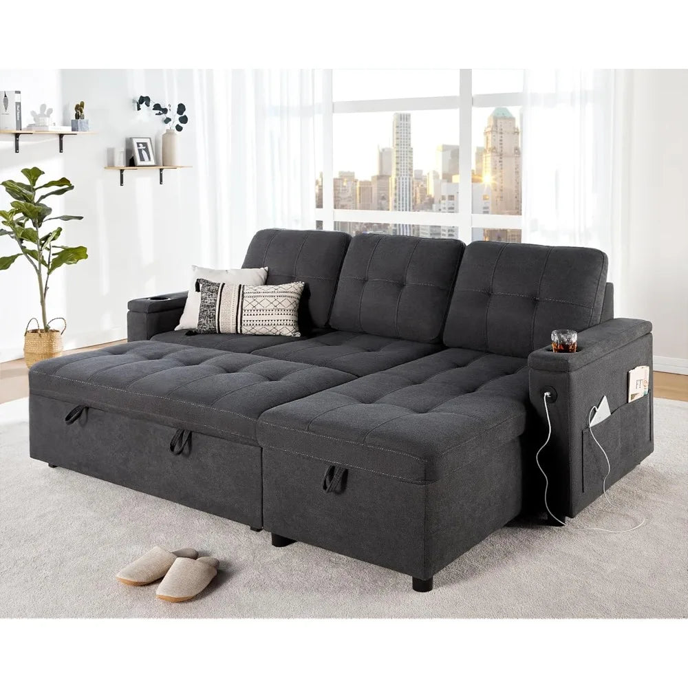 Pull Out Couch Bed with Storage Chaise, USB Charging Port & Cup Holders