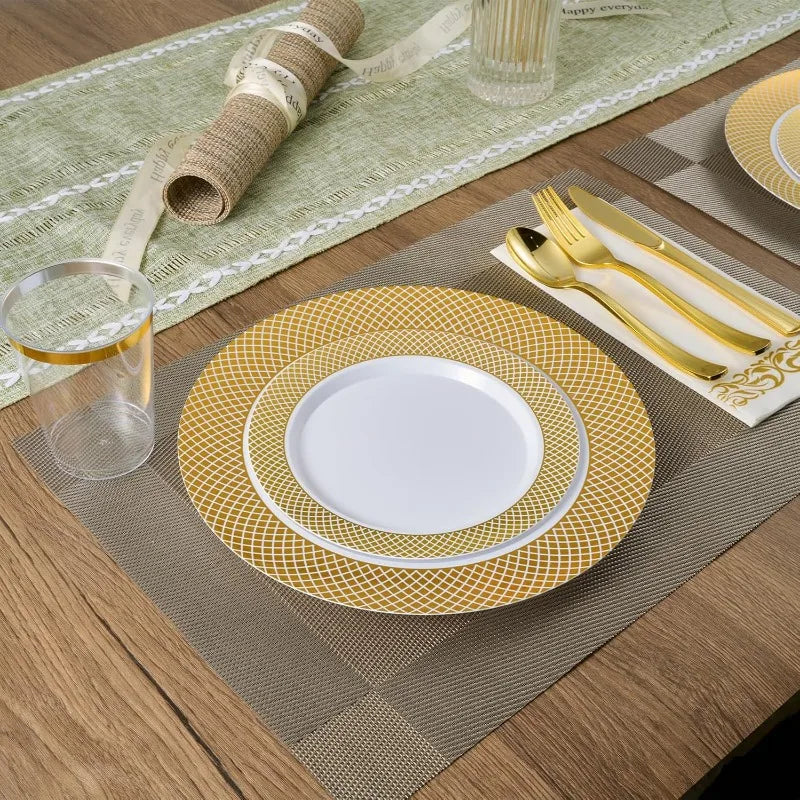 Elegant Fancy Gold Grid Rim Disposable Plastic Plates Set