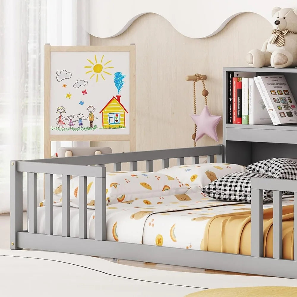 Easy To Assemble Kids Floor Bed with Bookcase and Shelves