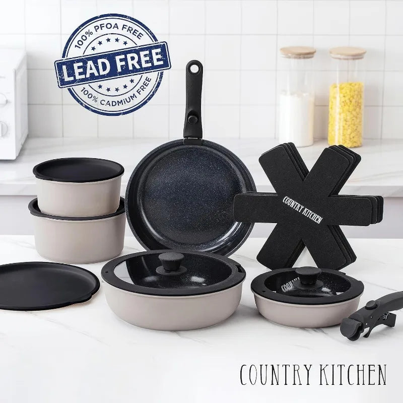 16 Piece Healthy Safe Ceramic Nonstick Kitchen Cookware with Soft Touch Removable Handle