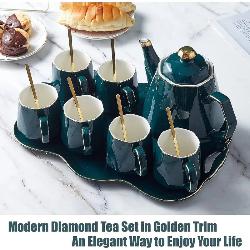 14 pcs Tea Set for 6 with Tea Tray & Spoons, Luxury British Style Tea/Coffee Cup Set with Golden Trim