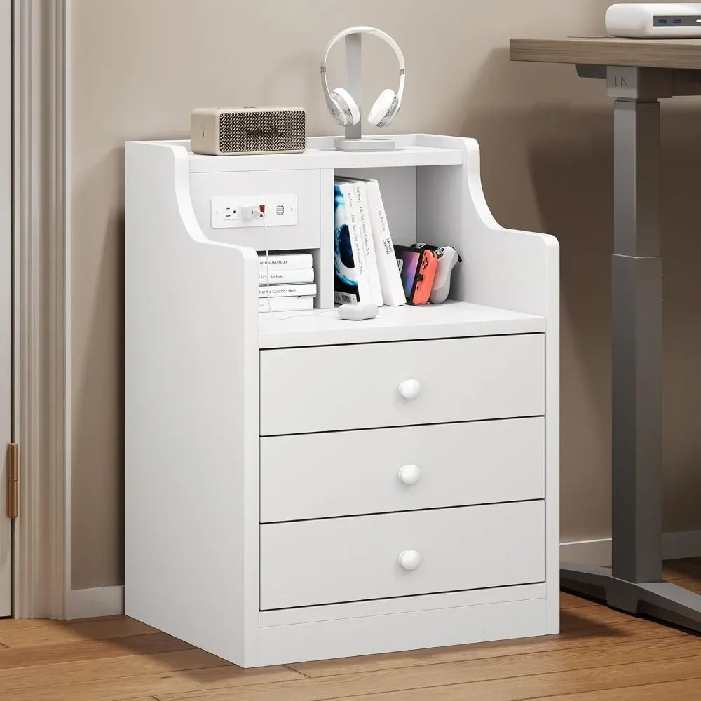 Nightstand with Charging Station, 3 Storage Drawers, Hutch