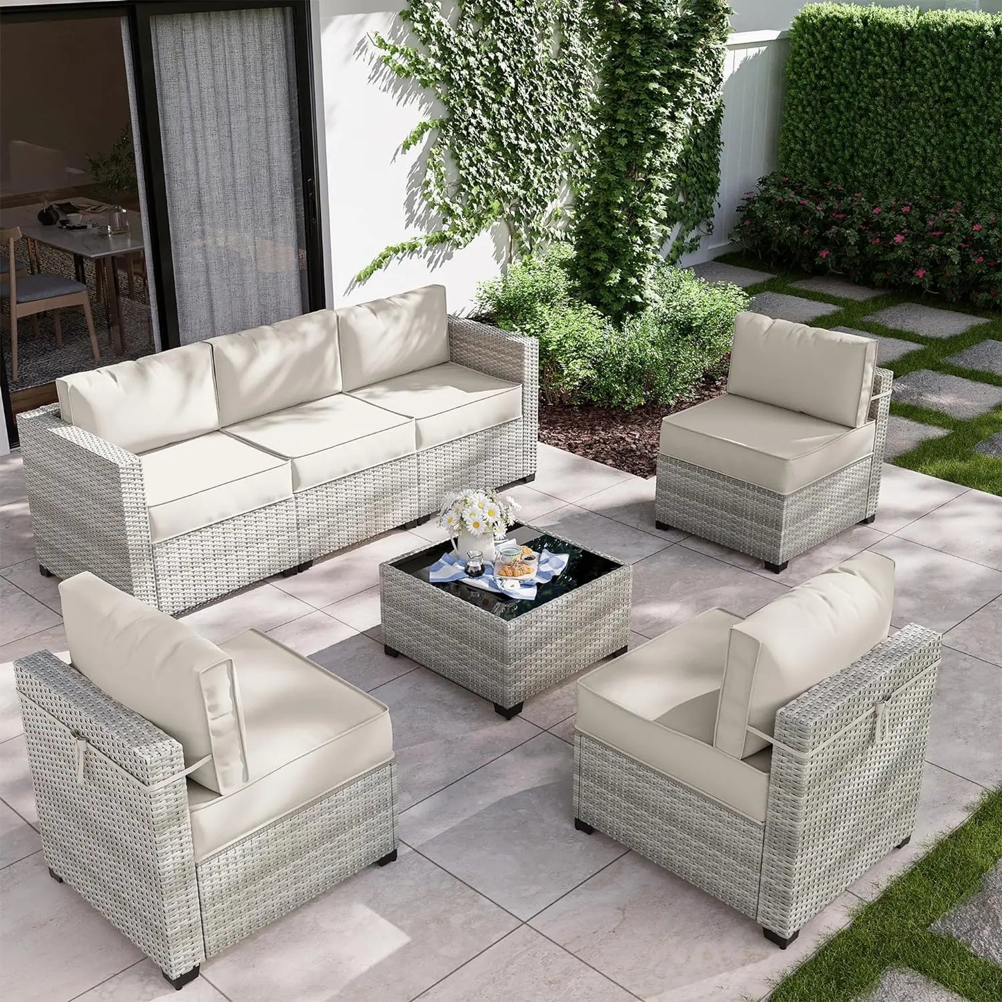 8 Piece Wicker Patio Furniture Set Includes 4 Center Sofas, 2 Corner Sofas, 1 Gas Fireplace Table, And A Tempered Glass Coffee Table