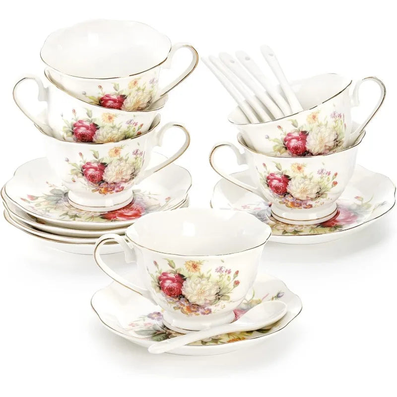 Floral Tea Cups and Saucers Set of 6, with Gold Trim, 6 oz