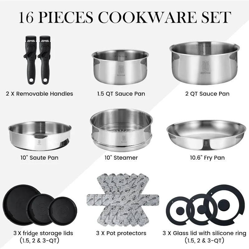 20 Piece Stainless Steel Cookware Set with Removable Handle