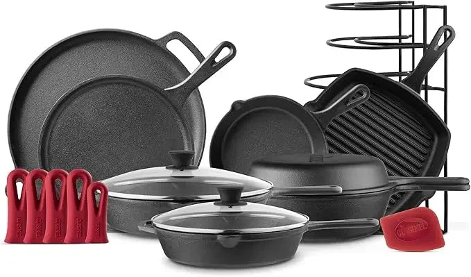 Pre-Seasoned Cast Iron Skillet Set - 8" + 10" + 12"-Inch Frying Pans + Silicone Handle Grip Covers