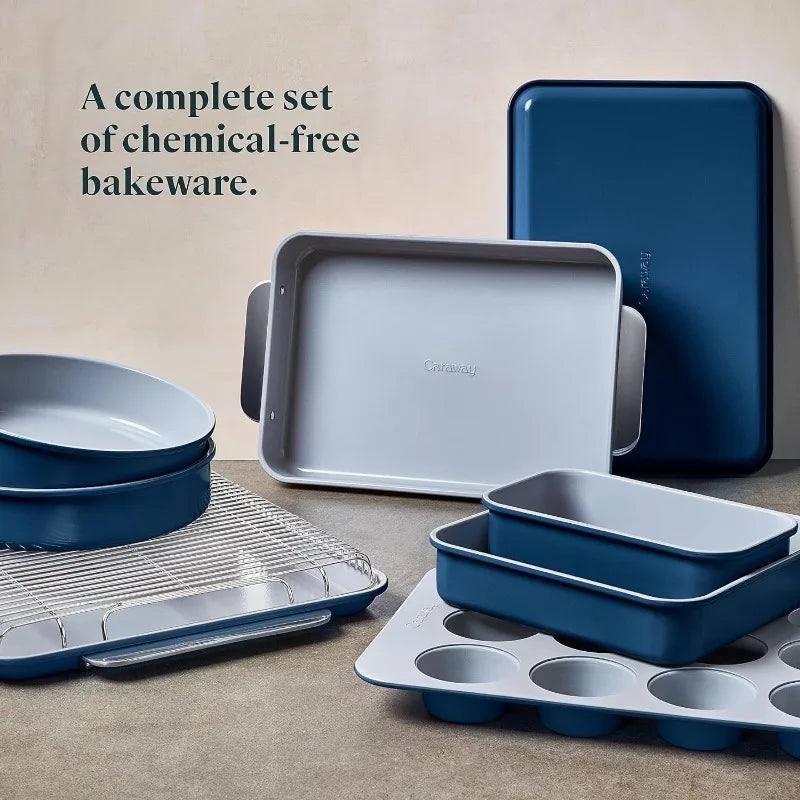 Nonstick Ceramic Bakeware Set (11 Pieces) - Baking Sheets, Assorted Baking Pans, Cooling Rack, & Storage