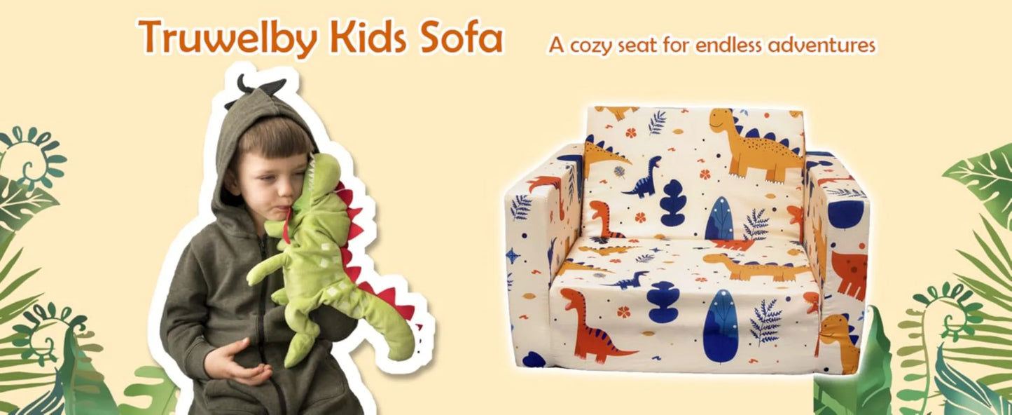 Children's 2 in 1 Convertible, Extra Soft Flip Open Chair Sofa Bed, Cute Star/Dinosaur Print