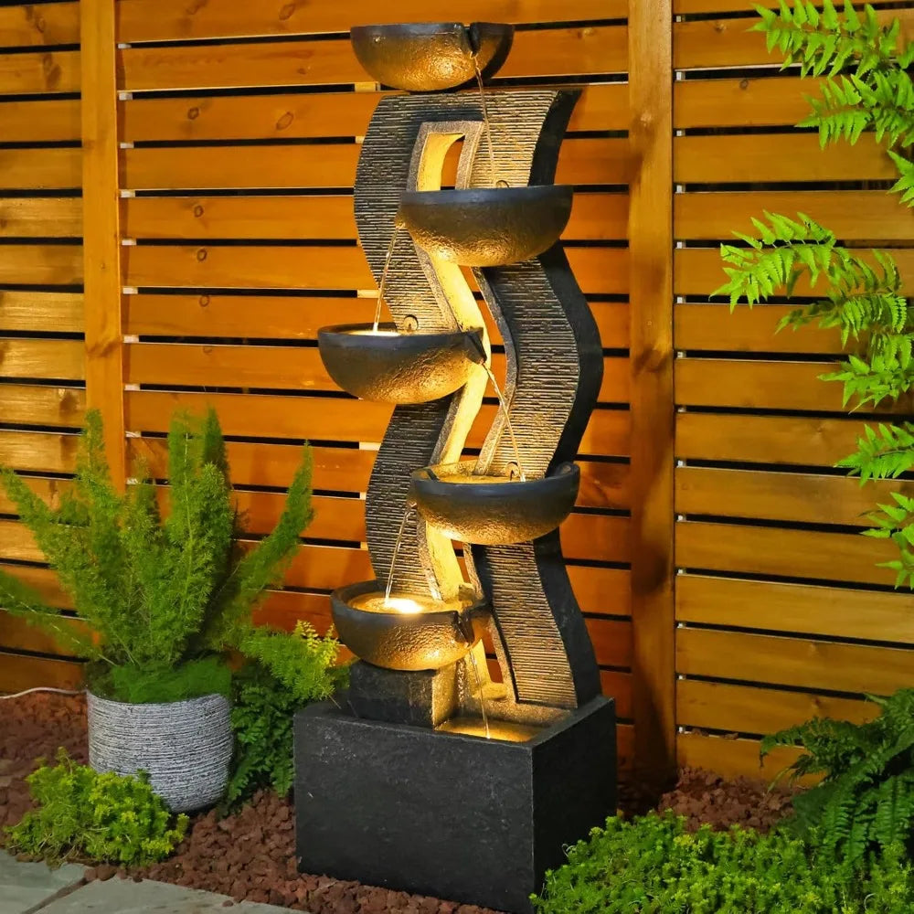 Large Outdoor Garden Fountain with Illuminated Waterfall