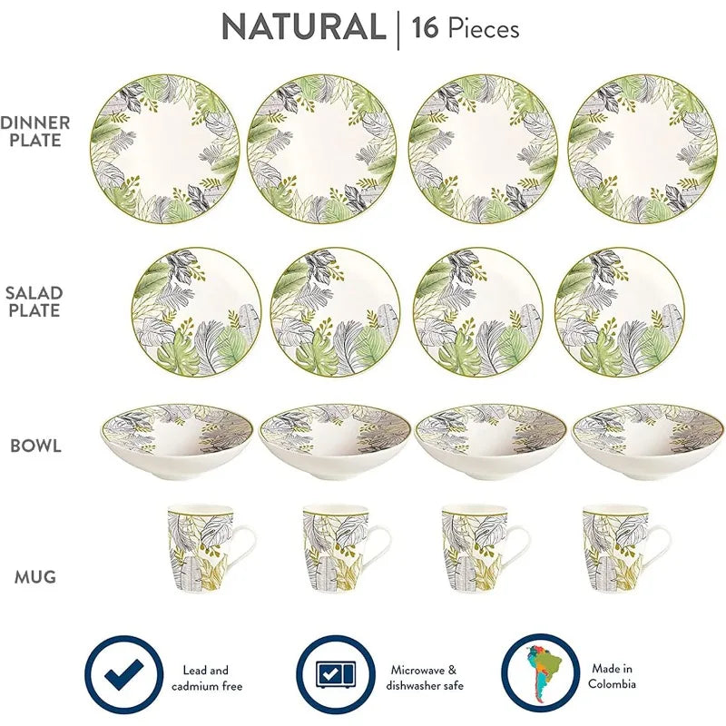 16-piece Earthenware, Natural, Ceramic Sets for 4, Microwave and Dishwasher Safe