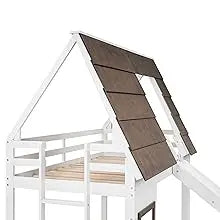 Twin Over Twin House Bunk Bed Frame with Roof, Window, Ladder and Slide